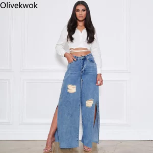 Olivekwok 2021 Woman Autumn/spring Fashion Pants Solid Sexy Split Hollow Out Casual Pockets Straight Denim Jeans - Image 2