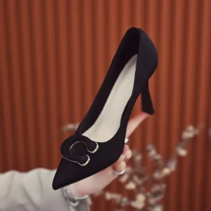 Women's Fashion Thin Heel Shoes Autumn New Pointed Head Shallow Mouth Metal Buckle A Slip-on Wear-resistant High Heels - Image 2