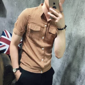 Summer Men's Short-sleeved Shirt Personalized Style Panel Pocket Slimming Stripe Print Korean POLO Collar Single Breasted Top - Image 1