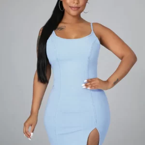 Women Denim One Piece Dress Casual Sexy Side Split Bodycon Dresses High Elastic Casual Skirt Zipper Female LYY029 - Image 3