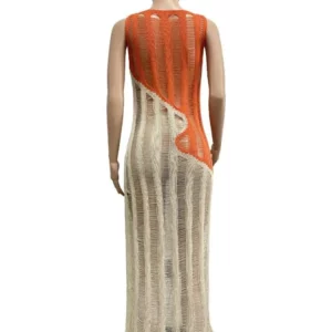 Joskaa Knitted Patchwork Long Summer Dresses Women 2023 Beach Vacation Wear Sexy See Through O-Neck Sleeveless Slim Midi Dress - Image 6