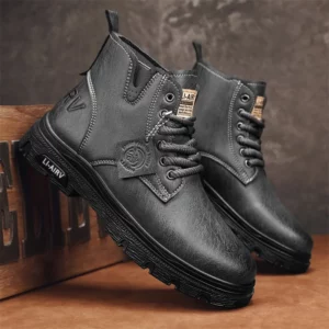Men's Brand High-quality Outdoor Work Shoes Thick Soled Anti Slip Fashionable Hiking Shoes Trendy Short Boots, Black Men's Boots - Image 3