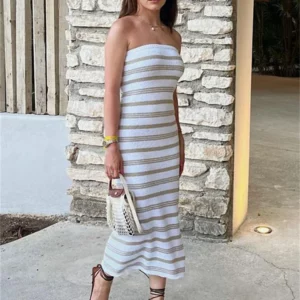 Tossy Backless Contrast For Women Dress Slim Holiday Beach Striped High Waist Off-Shoulder Maxi Dress Skinny Casual Long Dress - Image 4