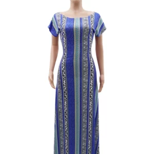 Blue Striped Printed Dresses for Women Cold Shoulder Empire Package Hip Fishtail Summer Elegant Casual Holiday Vacation Vestidos - Image 3