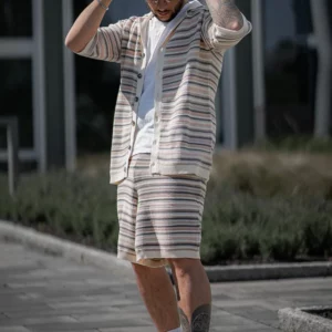 Fashion Mens Outfits Knitted Stripe Crochet Classic Two Piece Set Knit Short Sleeve Lapel Shirt and Shorts Men Suits Streetwear - Image 3