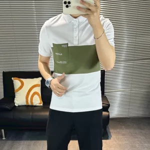 New Men's 2024 Summer Pullover Polo Shirt with Patchwork Buttons Contrast Color Pocket Slim All Match Short Sleeved T-shirt Tops - Image 3