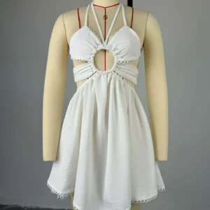CM.YAYA 2024 Women Halter Strap Sleeveless Mini A-Line Dress Sexy Beading Backless Streetwear Evening Night Club Party Dresses - Image 5