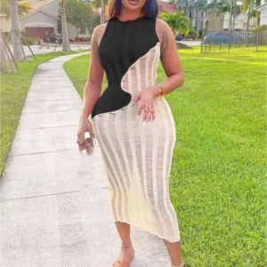 Joskaa Knitted Patchwork Long Summer Dresses Women 2023 Beach Vacation Wear Sexy See Through O-Neck Sleeveless Slim Midi Dress - Image 3