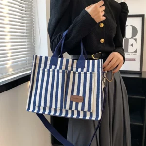 Cool Street Handbag, Large Capacity Women's Shoulder Bag, Trendy Striped Canvas Crossbody Bag, Fashion Travel Shopping Tote Bag - Image 4