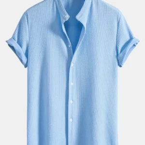 2024 Men's Shirts Casual Button Down Short Sleeve Solid Color Stand Collar Beach Yoga Beach Hawaiian Summer Holiday Tops for Men - Image 1