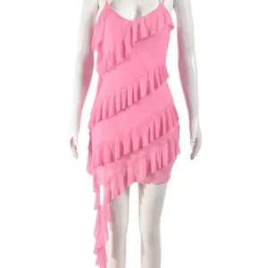 Joskaa Sexy Mesh Ruffles Ribbon Vacation Dresses Women Hipster Spaghetti Strap V-Neck Backless Slim Birthday Dress 2024 Clubwear - Image 4