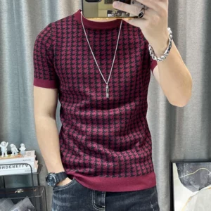 New Houndstooth Men Short Sleeve Sweater T-shirt O-neck Knitted Top Tees Streetwear High Quality Social Club Casual Tee Shirt - Image 2