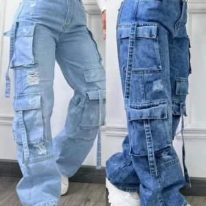 Women Denim Trousers Fashionable Solid Color Versatile Multi-pocket Casual Pants Ladies Large Size High Waist Denim 2025 - Image 3