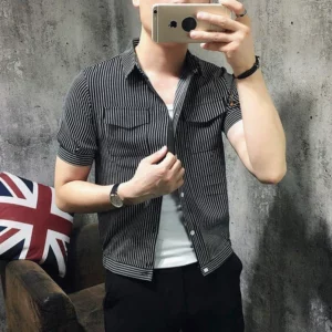 Summer Men's Short-sleeved Shirt Personalized Style Panel Pocket Slimming Stripe Print Korean POLO Collar Single Breasted Top - Image 5