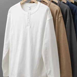 Dukeen 320G Heavyweight 100% Cotton Henley Neck T Shirt for Men Long-Sleeved Spring Autumn Casual Tops Solid Color Undershirts - Image 1