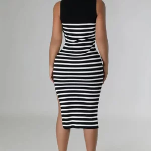CM.YAYA Women O-neck High Side Split Midi Dress Summer Striped Print Sexy Night Club Party Evening Pencil Chic Dresses Vestidos - Image 3