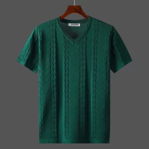 Advanced Design Jacquard V-neck Knitted T-shirt Men's 2024 Summer New Fashion Ice Silk Breathable Large Elastic Short Sleeves - Image 5