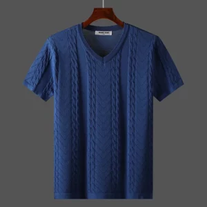 Advanced Design Jacquard V-neck Knitted T-shirt Men's 2024 Summer New Fashion Ice Silk Breathable Large Elastic Short Sleeves - Image 1