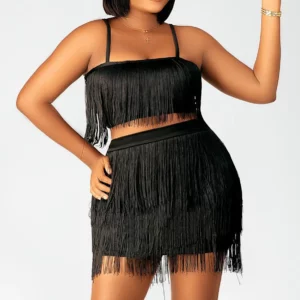 Summer Outfits For Women 2023 Women's Sexy Tassel Sling Crop Top Short Skirt Two Piece Set Red Party Dress Traf African Fashion - Image 5