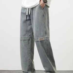 2024 New Retro Blue Men's Jeans Large Size String Banding Wide Leg Denim Pants Cotton Casual Straight Jean Trousers 6XL 7XL 8XL - Image 1