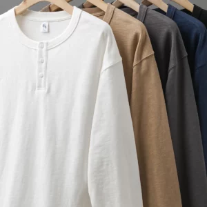 Dukeen 320G Heavyweight 100% Cotton Henley Neck T Shirt for Men Long-Sleeved Spring Autumn Casual Tops Solid Color Undershirts - Image 2
