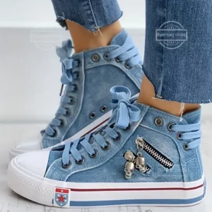 Sneakes Womens Canvas Shoes Denim High Top Sneakers Fashion Skull Zipper - Image 2