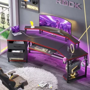 79" Gaming Desk,Computer Desk with 2 Fabric Drawers & LED Light,Small Desk with Storage for Home Office - Image 3
