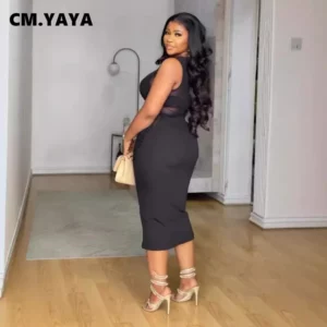 CM.YAYA Women Splicing Split O-neck Bodycon Midi Dress 2024 Mesh See Through Office Lady Workout Evening Party Dresses Vestidos - Image 3