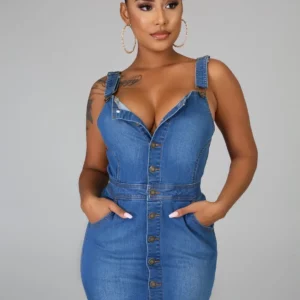 Denim Skater Dress Sexy Women Spaghetti Strap Bodycon Blue Jeans Pencil Dress Vestidos - Image 4