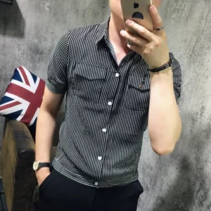 Summer Men's Short-sleeved Shirt Personalized Style Panel Pocket Slimming Stripe Print Korean POLO Collar Single Breasted Top - Image 3