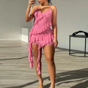 Joskaa Sexy Mesh Ruffles Ribbon Vacation Dresses Women Hipster Spaghetti Strap V-Neck Backless Slim Birthday Dress 2024 Clubwear - Image 1