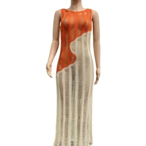 Joskaa Knitted Patchwork Long Summer Dresses Women 2023 Beach Vacation Wear Sexy See Through O-Neck Sleeveless Slim Midi Dress - Image 5