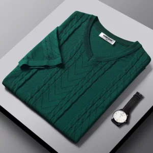 Advanced Design Jacquard V-neck Knitted T-shirt Men's 2024 Summer New Fashion Ice Silk Breathable Large Elastic Short Sleeves - Image 3
