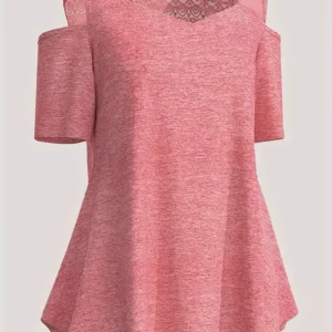 Women's Plus Size T Shirt Off the Shoulder Short Sleeve Basic Top Casual Lace Patchwork Square Collar Elegant Summer Tee Tops - Image 4