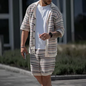 Fashion Mens Outfits Knitted Stripe Crochet Classic Two Piece Set Knit Short Sleeve Lapel Shirt and Shorts Men Suits Streetwear - Image 6