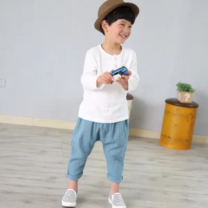 children t shirts fashion linen pleated boys t shirt children t-shirt 2025 summer baby boys girls t-shirt children clothes kids - Image 4