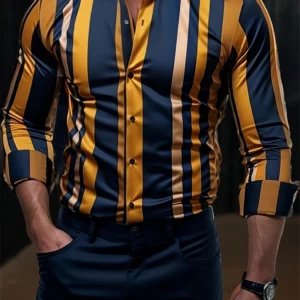 New Temperament Men's Creative Striped Printed Lapel Button Down Shirt Spring And Summer Fashion Casual Long-sleeved Street Tops - Image 2