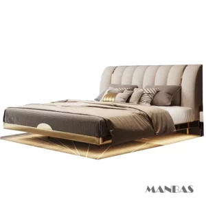 MINGDIBAO Modern Genuine Leather Suspended Bed With Sensor Light, Double Rectangle Bed Frame With Stainless Steel, Nordic Camas - Image 5