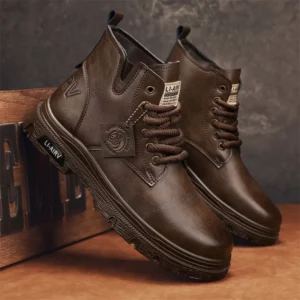 Men's Brand High-quality Outdoor Work Shoes Thick Soled Anti Slip Fashionable Hiking Shoes Trendy Short Boots, Black Men's Boots - Image 2