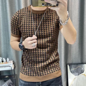New Houndstooth Men Short Sleeve Sweater T-shirt O-neck Knitted Top Tees Streetwear High Quality Social Club Casual Tee Shirt - Image 3