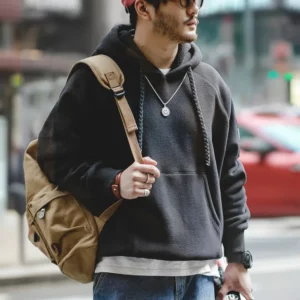 Maden 2024 Autumn Winter Casual Heavyweight Hoodie Men's Black Versatile Thickened Fleece Pullover Loose Warm Hooded Sweatshirt - Image 4