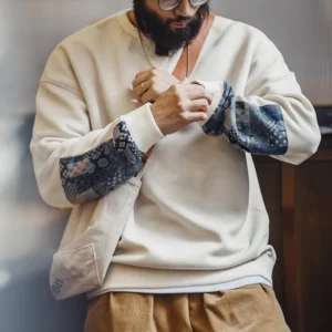 Maden Vintage Boro Patchwork Sweatshirt Casual Round-Neck Tops Men's Classic Pullover for Spring and Autumn Fashion Streetwear - Image 4