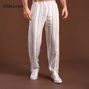 Samlona 2024 Men's Stand Pocket Casual Straight Pants Men Vintage Striped Trousers Plus Size 3xl Mens Elegant Fashion Sweatpants - Image 3