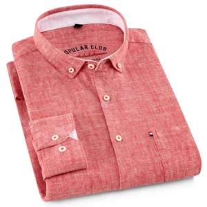 Men‘s Solid Button-Down Collar Dress Shirt - Breathable Cotton-Linen Blend - Long Sleeve, Slim-fit - Spring Summer Casual Chic - Image 1