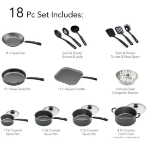 Primaware 18 Piece Non-stick Cookware Set, Steel Gray cocina stainless steel cookware set - Image 5