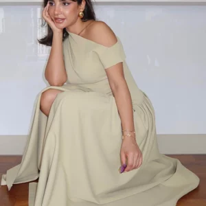 Elegant Pleated Midi Dress For Women Fashion Street Short Sleeve Patchwork Long Dress Casual Office Lady Irregular Neck Vestidos - Image 3