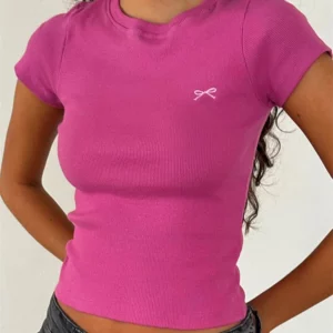 CHRONSTYLE Women Tees Shirt Crop Tops Slim Fit Round Neck Short Sleeve Bow Embroidery Ribbed T-Shirts for Summer Streetwear 2024 - Image 5