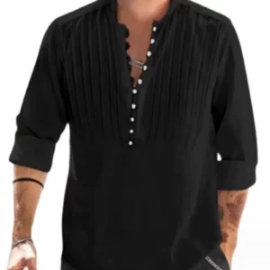 2024 New Men's Bandage Round Collar High Quality Shirt Men's Solid Color Cotton Folding Casual Slim Long-Sleeved Shirt - Image 3