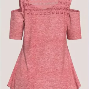 Women's Plus Size T Shirt Off the Shoulder Short Sleeve Basic Top Casual Lace Patchwork Square Collar Elegant Summer Tee Tops - Image 3