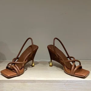 Very small designer brand, elegant and simple atmosphere, wood grain wedge sandals, cross-strap shaped heels high heels sandals - Image 5